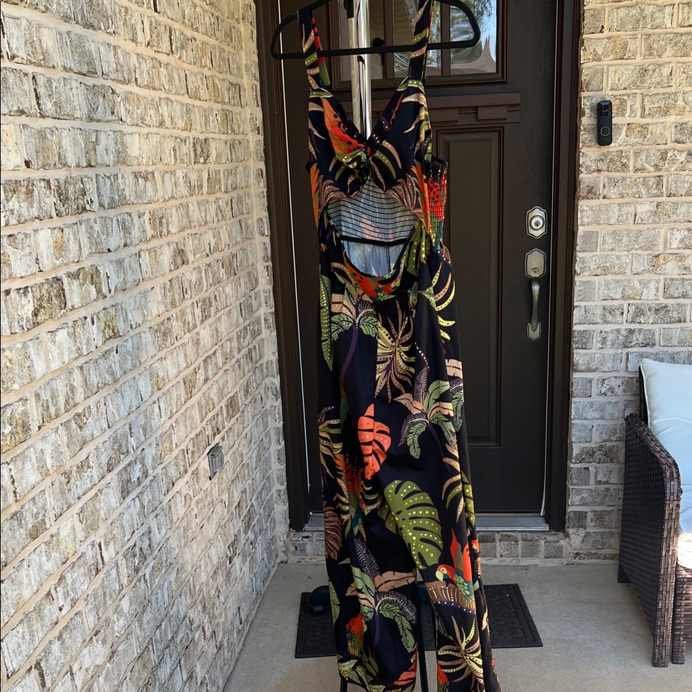 Tropical Cutout Jumpsuit- Black with Green & Orange Leaf Print Size Large